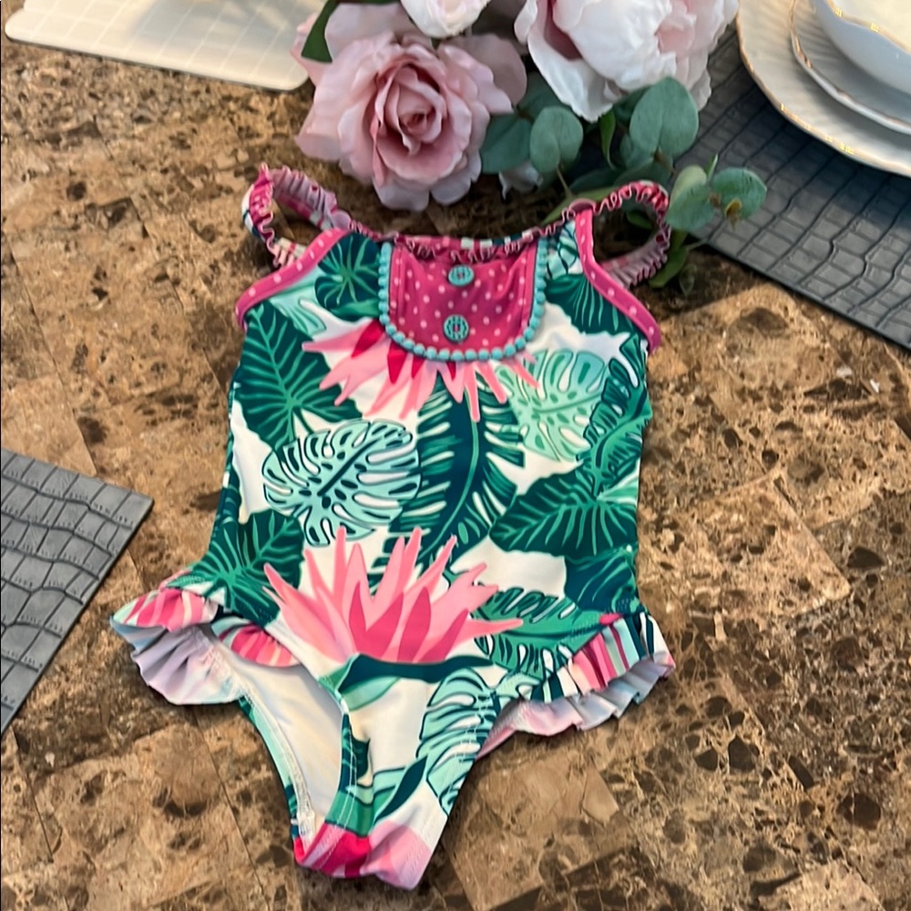 Matilda Jane Pink and Green Kids Swim One Piece . Pre loved